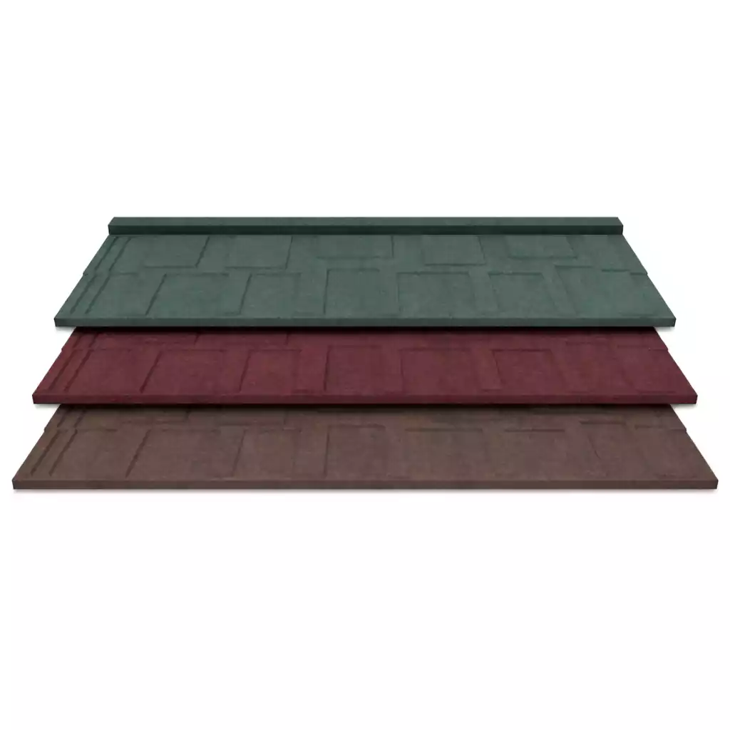 Asphalt shingles color red, green and brown.