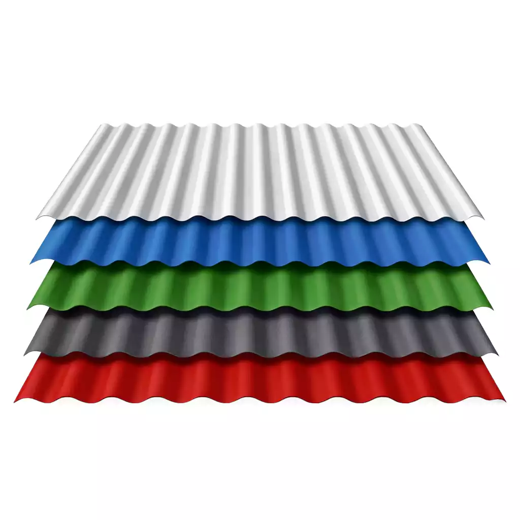 Corrugated roofing sheets painted red, green, blue and charcoal grey.