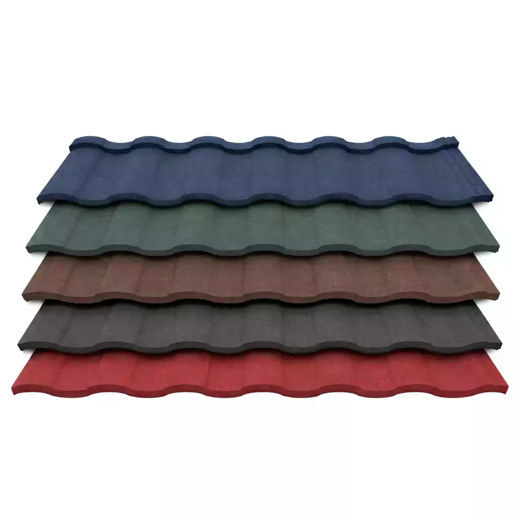 Stone coated steel roofing tiles colors red. green, blue, maroon and charcoal grey.