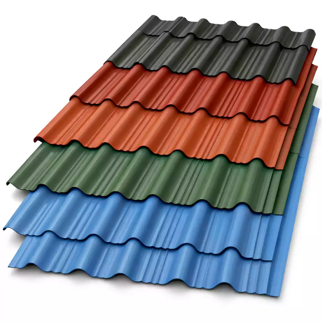 Tile profile roofing sheets colors red, green, blue, maroon and grey.