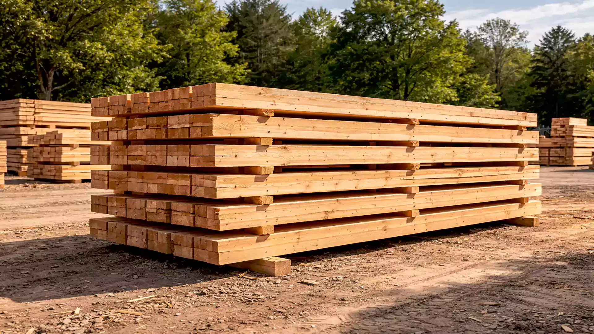 Sawed timber stacked outdoors.