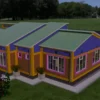 A simple 3 bedroom house with green box profile roofing sheets.