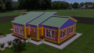 A simple 3 bedroom house with green box profile roofing sheets.