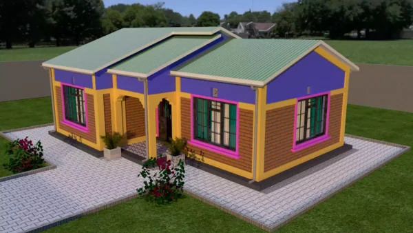 A simple 2 bedroom house in Kenya featuring a simple roofing design with green box profile roofing iron sheets.