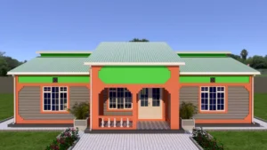 A simple 3 bedroom house in Kenya with green box profile roofing iron sheets.