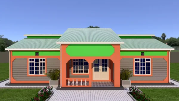 A simple 3 bedroom house in Kenya with green box profile roofing iron sheets.