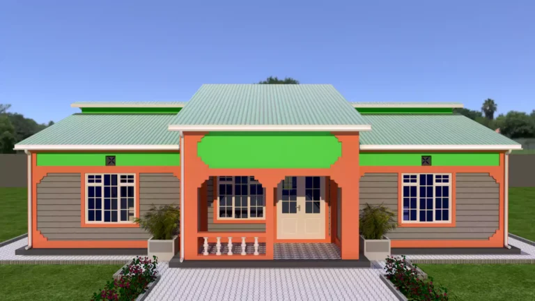 A simple 3 bedroom house in Kenya with green box profile roofing iron sheets.