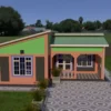 A simple 2 bedroom house in Kenya with a skillion roof.