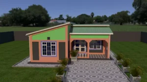 A simple 2 bedroom house in Kenya with a skillion roof.