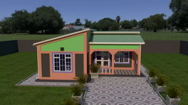 A simple 2 bedroom house in Kenya with a skillion roof.