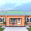 Simple modern 3 bedroom house in Kenya with a gable roof and green box profile roofing sheets.