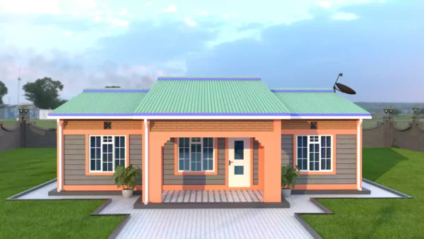 Simple modern 3 bedroom house in Kenya with a gable roof and green box profile roofing sheets.
