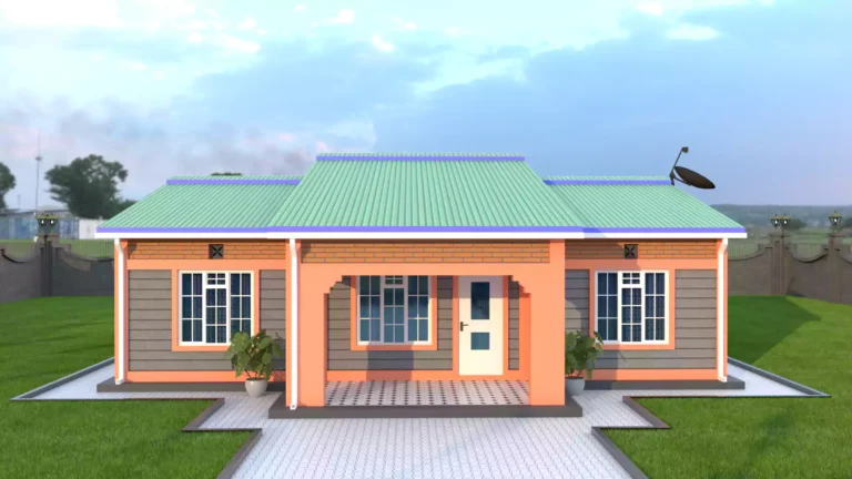 Simple modern 3 bedroom house in Kenya with a gable roof and green box profile roofing sheets.