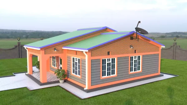 Simple 3 bedroom house with a gable roof building plan