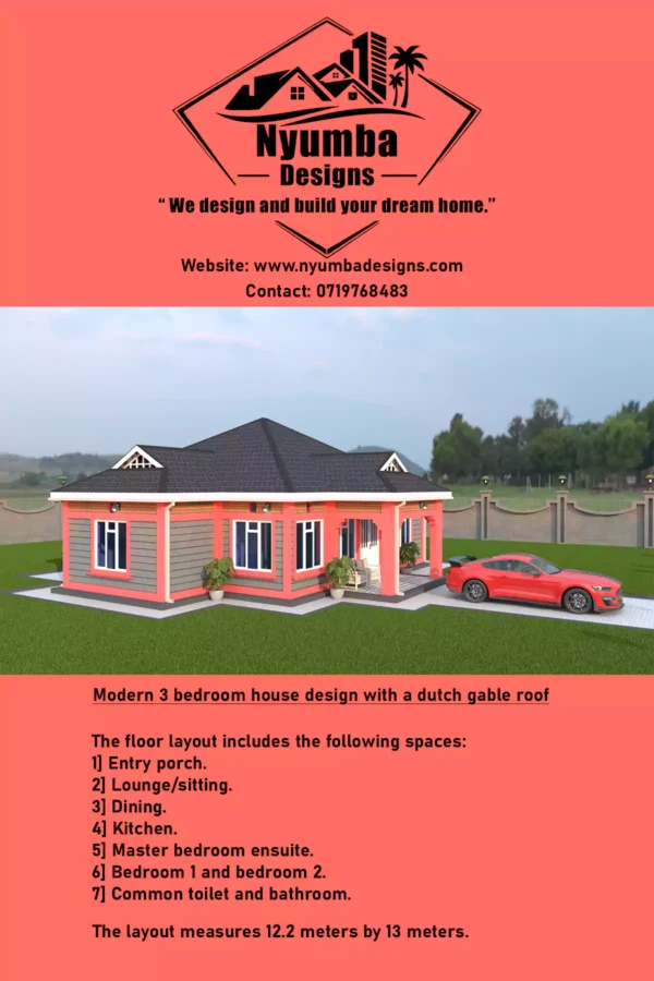3 bedroom house with a dutch gable roof architectural plan