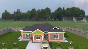 3-bedroom-house-with-a-gable-roof-style-in-Kenya-2 Front view of a 3 bedroom house design featuring a gable roofing style.