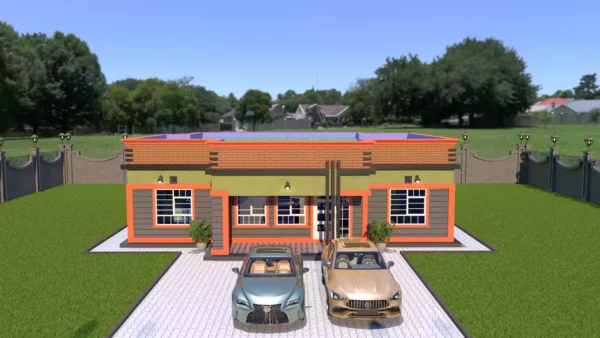 Front view of a 3 bedroom house with a hidden roof design.