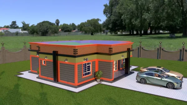 3 bedroom house design with a hidden roof architectural plan