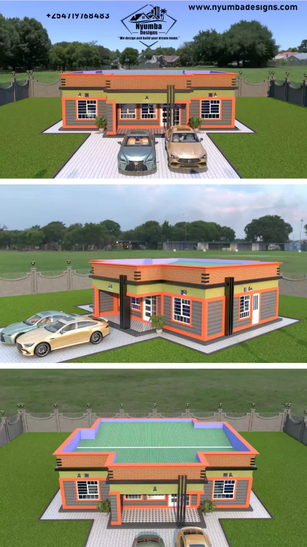 3 bedroom house design with a hidden roof architectural plan
