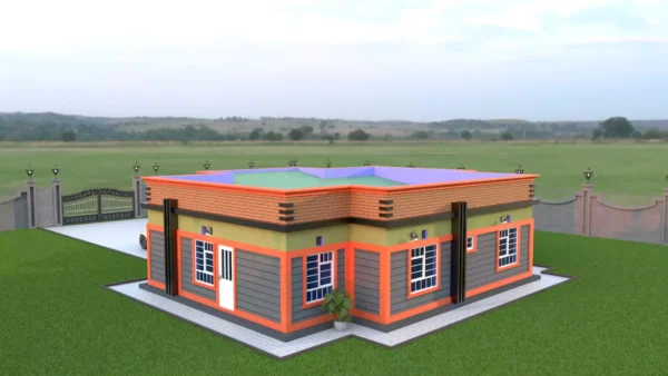 3 bedroom house design with a hidden roof architectural plan